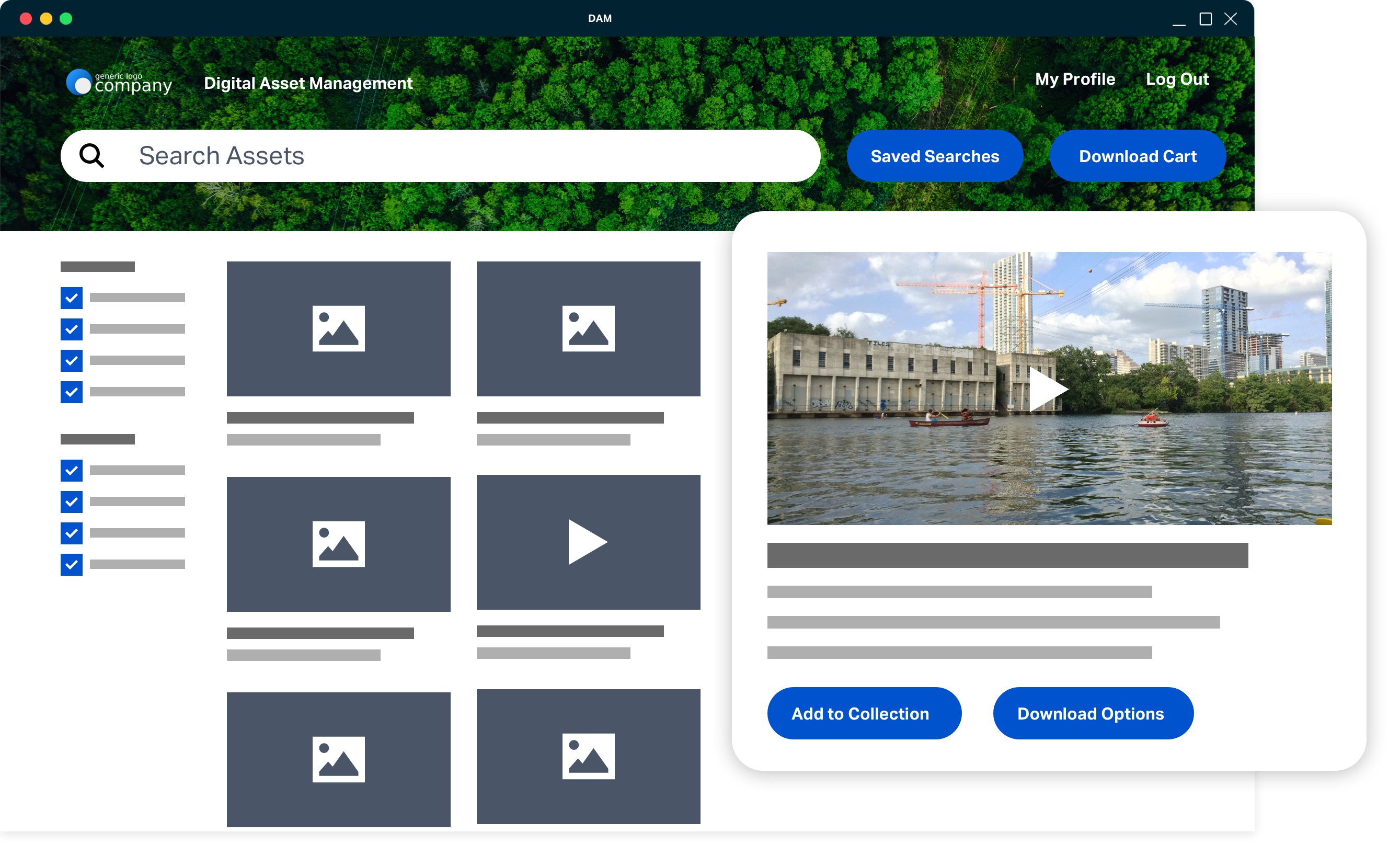 iPR Software DAM showing online portal feature where users can search, filter and download multimedia assets